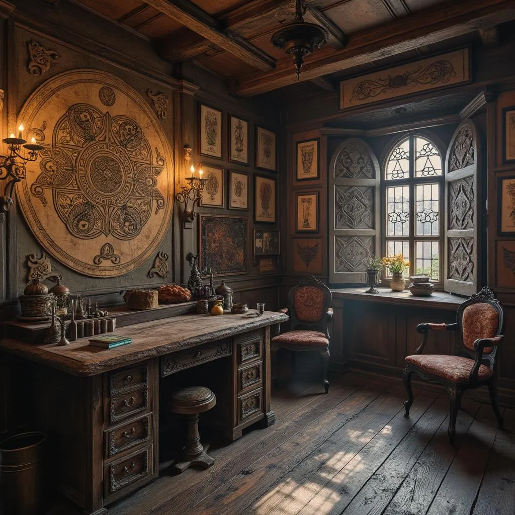 Estudio de tatuaje Celtic Art con diseños celtas en las paredes