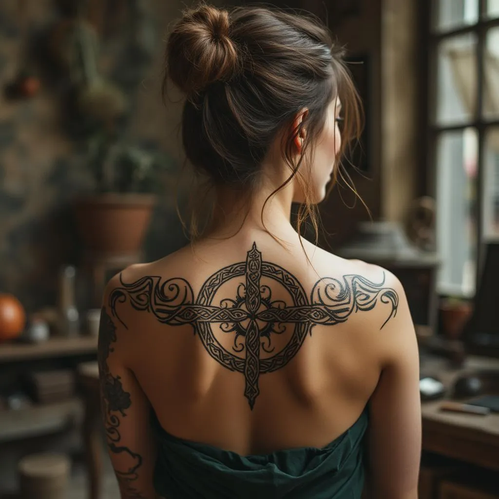Cliente mostrando su tatuaje celta en la espalda
